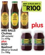 Mrs Balls Chutney(All Variants) 3x470g+ Koo Beetroot(Sliced Or Grated) 2x780g-Any 3 Plus Any 2