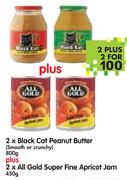 2x Black Cat Peanut Butter(Smooth & Crunchy) 800g+2xAll Gold Super Fine Apricot Jam 450g