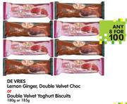 De Vries Lemon Ginger, Double Velvet Choc Or Double Velvet Yoghurt Biscuits-8x180/185g
