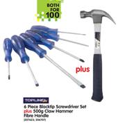 TopLine 6 Piece Blacktip Screwdriver Set+ 500g Claw Hammer Fibre Handle