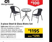 Design House 3 Piece Steel & Glass Bistro Set