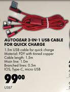 Autogear 3-In-1 USB Cable For Quick Charge USB7