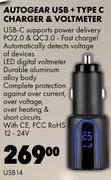 Autogear USB + Type C Charger & Voltmeter USB14