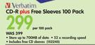 Verbatim CD-R plus Free Sleeves-Per 100 Pack