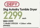 Defy 5Kg Auto Dry Tumble Dryer DTD258-Each