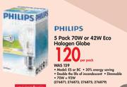 Philips 5 Pack 70W Or 42W Eco Halogen Globe ES Or BC-Per Pack
