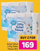 Great Value 2 Ply Toilet Tissue 18's Pack- For 2