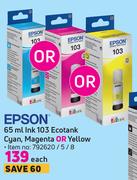 Epson 65ml Ink 103 Ecotank (Cyan, Magenta Or Yellow)-Each 