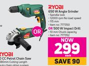 Ryobi 650W Angle Grinder Or 500W Impact Drill-Each