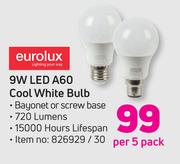 Eurolux 9W LED A60 Cool White Bulb-Per 5 Pack