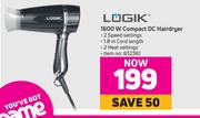 Logik 1600W Compact DC Hairdryer