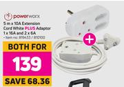 Powerworx 5m x 10A Extension Cord White + Adaptor 1 x 16A & 2 x 6A-For Both 