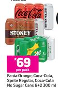 Fanta Orange, Coca-Cola, Sprite Regular, Coca-Cola No Sugar Cans-6+2 x 300ml Per Pack 