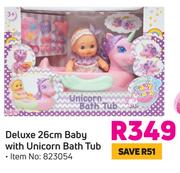 Deluxe 26cm Baby With Unicorn Bath Tub