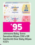 Johnson's Baby Extra Sensitive Wipes 336's Or Gentle All Over Baby Wipes 432's-Each    