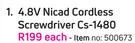 Ryobi 4.8V Nicad Cordless Screwdriver CS-1480-Each