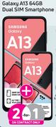 2 x Samsung Galaxy A13 64GB Dual Sim Smartphone-On 1GB Red Core More Data