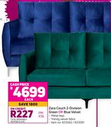 Zara Couch 2 Division Green Or Blue Velvet-Each