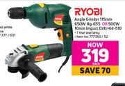 Ryobi Angle Grinder 115mm 650W Hg-655 Or 10mm Impact Drill 500W Hid-510-Each