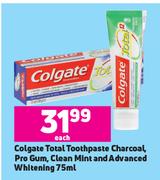 Colgate Total Toothpaste Charcoal, Pro Gum, Clean Mint Advanced Whitening-75ml Each