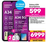 2 x Samsung Galaxy A34 Smartphone-On 1.2GB Red Top Up Core More Data