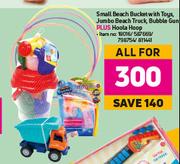Small Beach Bucket With Toys, Jumbo Beach Truck, Bubble Gun Plus Hoola Hoop-For All