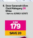 Decor Savannah 40cm Clock (Mahogany Or White)-Each