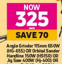 Ryobi Angle Grinder 115mm 650W HG-655 & Orbital Sander Handline 150W HS150-Each