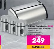 3-Piece Canister Set Plus Stainless Steel Breadbin