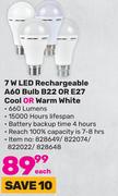 Lightworx 7W LED Rechargeable A60 Bulb B22 Or E27 Cool Or Warm White-Each