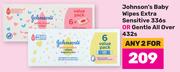 Johnson's Baby Wipes Extra Sensitive 336s Or Gentle All Over 432s-For Any 2