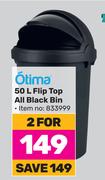 Otima 50L Flip Top All Black Bin-For 2