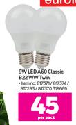 Eurolux 9W LED A60 Classic B22 WW Twin-Per Pack