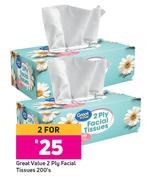 Great Value 2 Ply Facial Tissuse-For 2 x 200's Pack