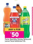 Fanta, Sparleta, Stoney, Sprite & Lemon Twist Softdrinks-For Any 4 x 1.5Ltr