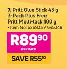 Pritt Glue Stick 3 Pack-43g Plus Free Pritt Multi Tack 100g-Per Pack