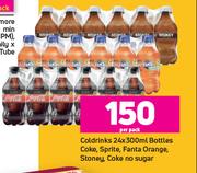 Coldrinks Bottles Coke, Sprite, Fanta Orange, Stoney, Coke No Sugar-24 x 300ml