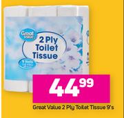 Great Value 2 Ply Toilet Tissue 9's