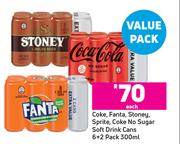 Coke, Fanta, Stoney, Sprite, Coke No Sugar Soft Drinks Cans Value Pack-6+2 x 300ml Each 