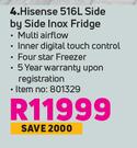 Hisense 516L Side By Side Inox Fridge