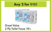 Great Value 2 Ply Toilet Tissue-For Any 2 x 18's Pack