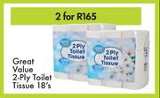 Great Value 2 Ply Toilet Tissue-For 2 x 18's Pack
