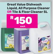 Great Value Dishwash Liquid, All Purpose Cleaner Or Tile & Floor Cleaner-5Ltr Each