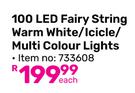 100 LED Fairy String Warm White/Icicle/Multi Colour Lights-Each