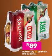 Hunter's Dry Or Gold Cider NRB-6 x 330ml Each