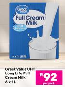 Great Value UHT Long Life Full Cream Milk-6 x 1L Per Pack