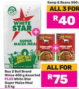 2 x Bull Brand Mince 400g Plus White Star Super Maize Meal 2.5Kg-For All