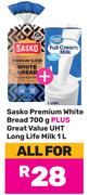 2 x Sasko Premium White Bread 700g Plus Great Value UHT Long Life Milk 1L-All For