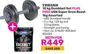 Trojan 10kg Dumbbell Set Plus Free USN Super Grow Beast 1kg Assorted-For Both
