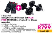 Trojan 20Kg Chrome Dumbbell Set Plus Free Trojan Pro Weight Gym Gloves Assorted-For Both